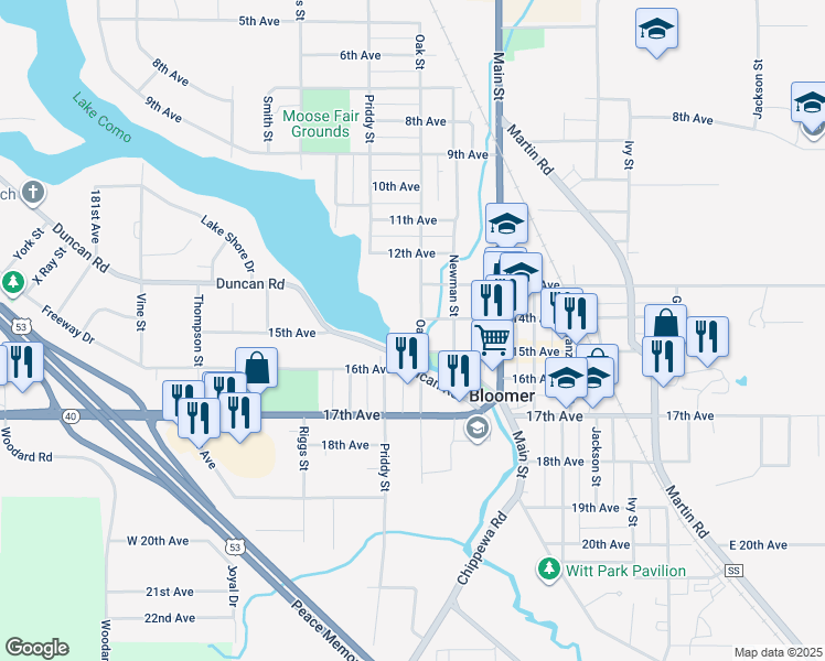 map of restaurants, bars, coffee shops, grocery stores, and more near 1407 Oak Street in Bloomer