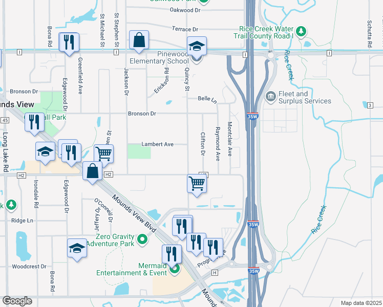 map of restaurants, bars, coffee shops, grocery stores, and more near 5324 Quincy Street in Mounds View