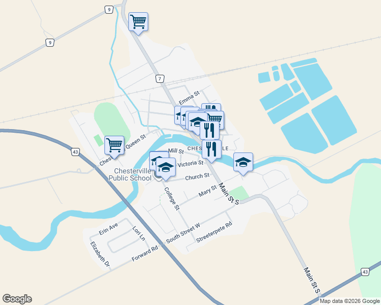 map of restaurants, bars, coffee shops, grocery stores, and more near 34 Mill Street in Chesterville