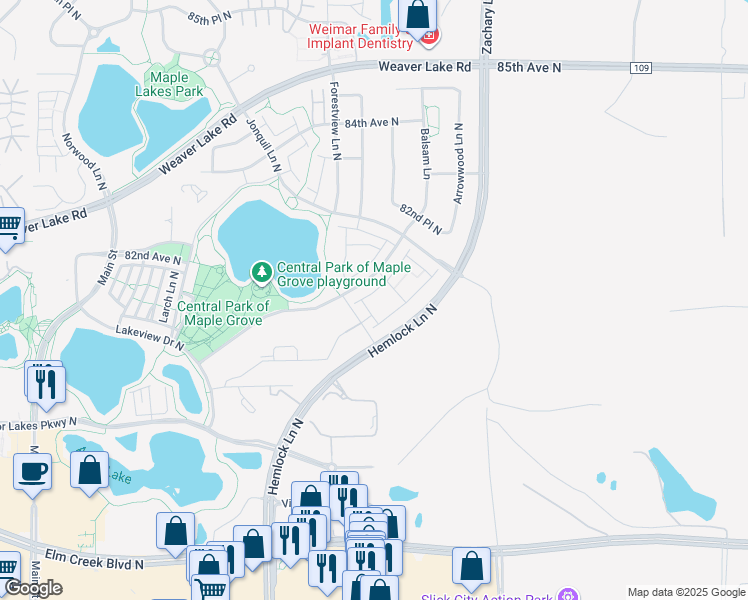 map of restaurants, bars, coffee shops, grocery stores, and more near 8026 Forestview Lane North in Maple Grove