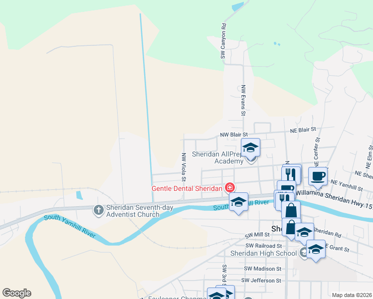 map of restaurants, bars, coffee shops, grocery stores, and more near 559 Northwest Blair Loop in Sheridan