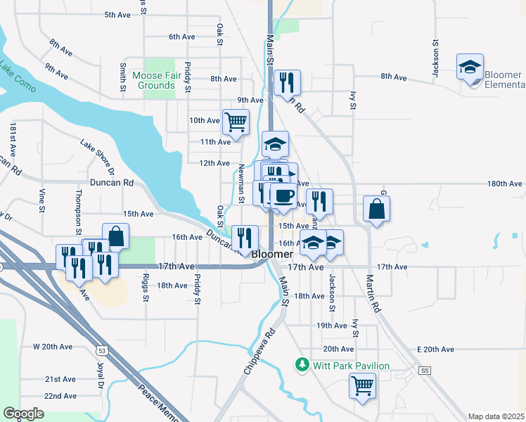 map of restaurants, bars, coffee shops, grocery stores, and more near 1401 Main Street in Bloomer