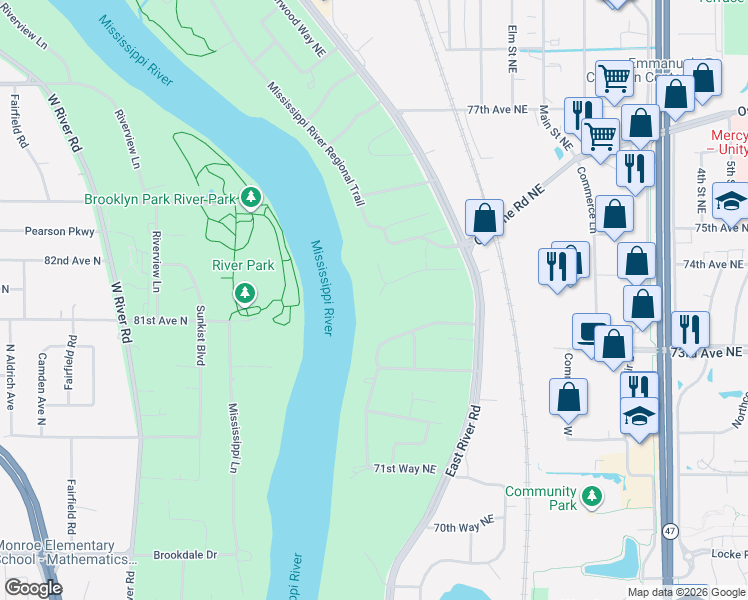 map of restaurants, bars, coffee shops, grocery stores, and more near 150 Talmadge Way Northeast in Fridley