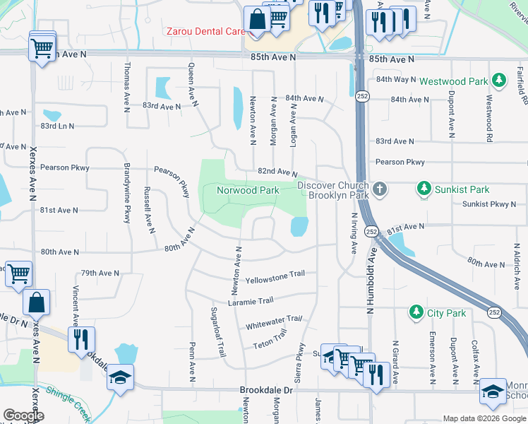 map of restaurants, bars, coffee shops, grocery stores, and more near 8028 Morgan Circle North in Minneapolis