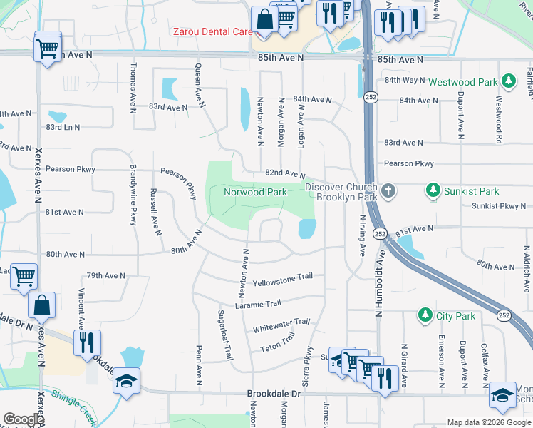 map of restaurants, bars, coffee shops, grocery stores, and more near 8028 Morgan Circle North in Minneapolis