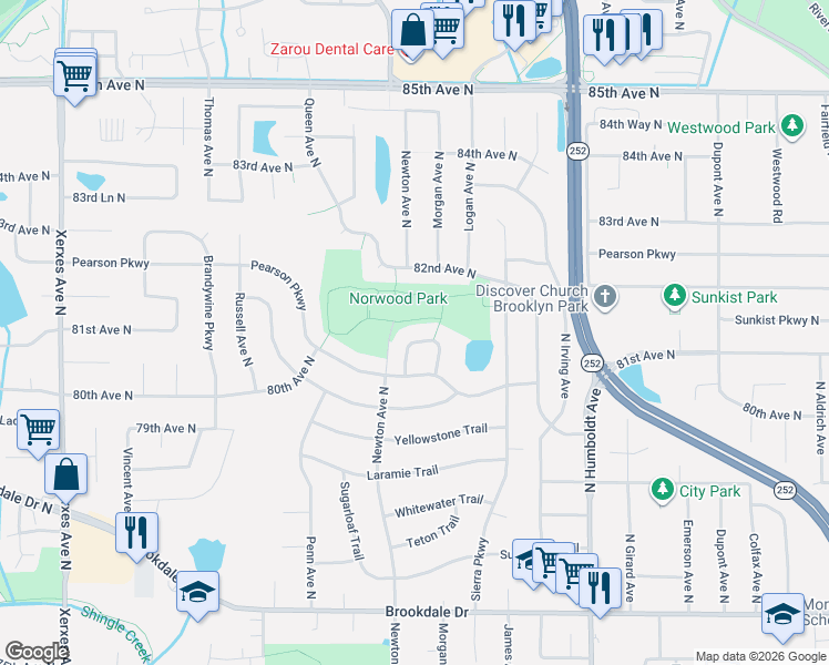 map of restaurants, bars, coffee shops, grocery stores, and more near 8028 Morgan Circle North in Minneapolis