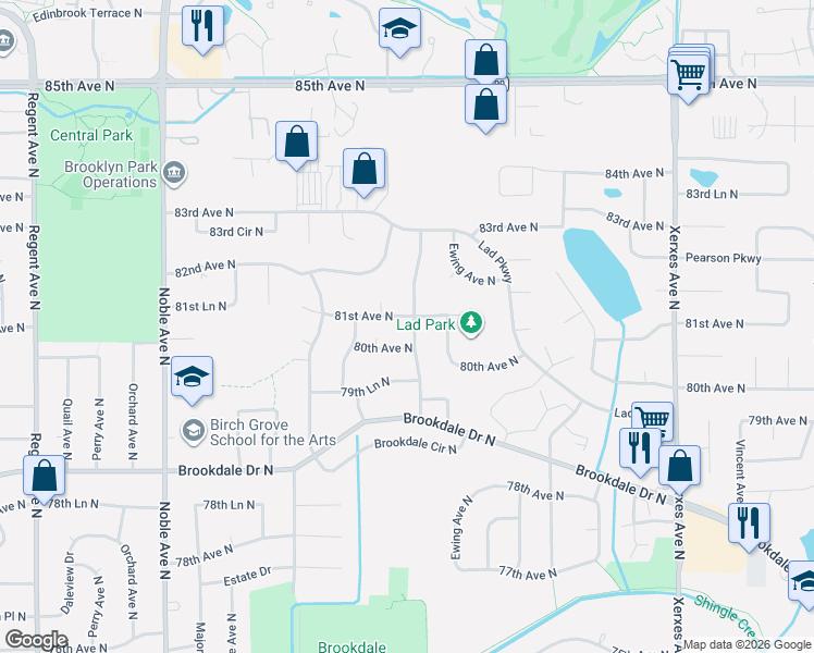 map of restaurants, bars, coffee shops, grocery stores, and more near 3901 81st Avenue North in Minneapolis