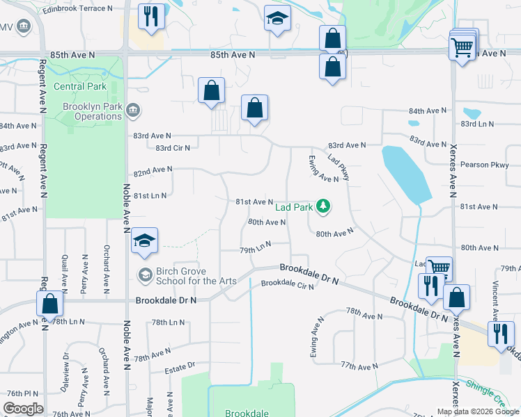 map of restaurants, bars, coffee shops, grocery stores, and more near 4017 81st Avenue North in Minneapolis