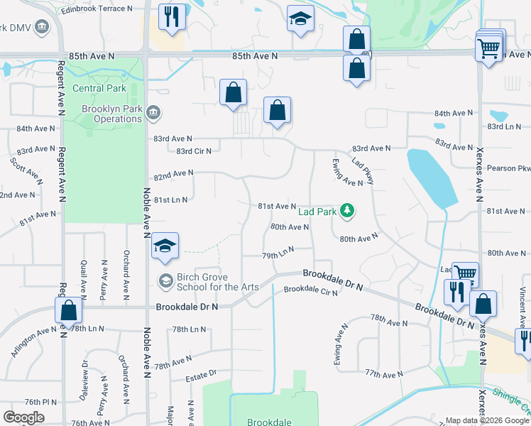 map of restaurants, bars, coffee shops, grocery stores, and more near 8016 June Avenue North in Minneapolis
