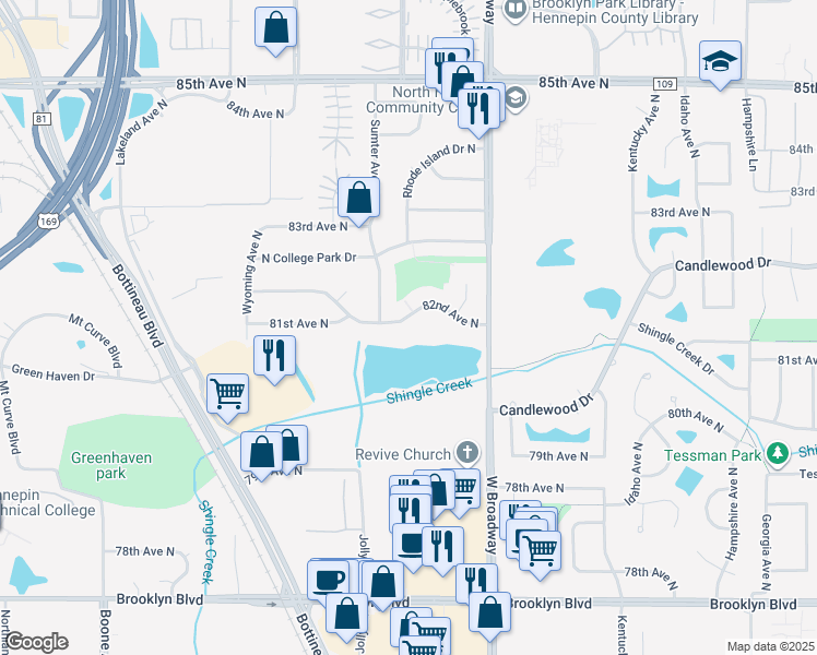 map of restaurants, bars, coffee shops, grocery stores, and more near 7625 82nd Avenue North in Minneapolis