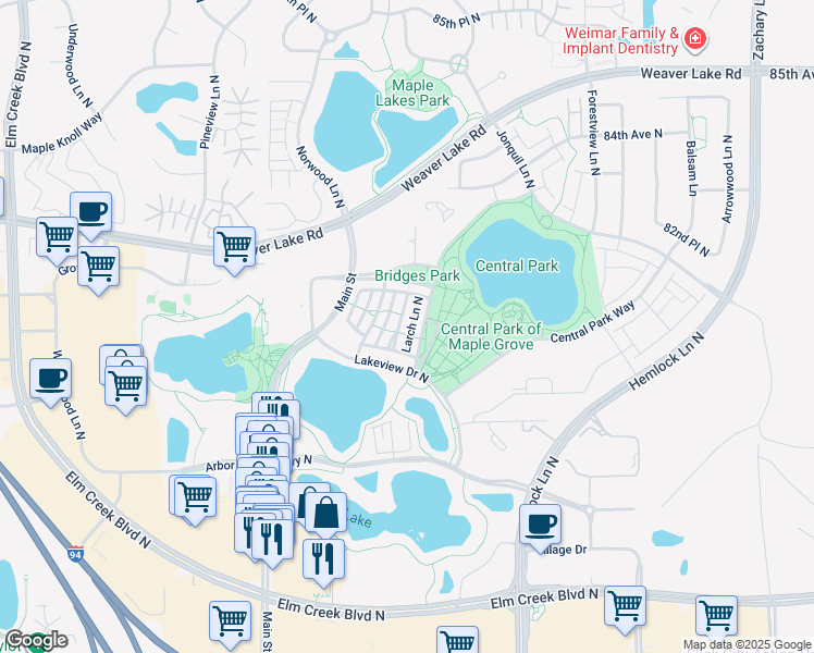 map of restaurants, bars, coffee shops, grocery stores, and more near 8052 Magnolia Lane North in Maple Grove