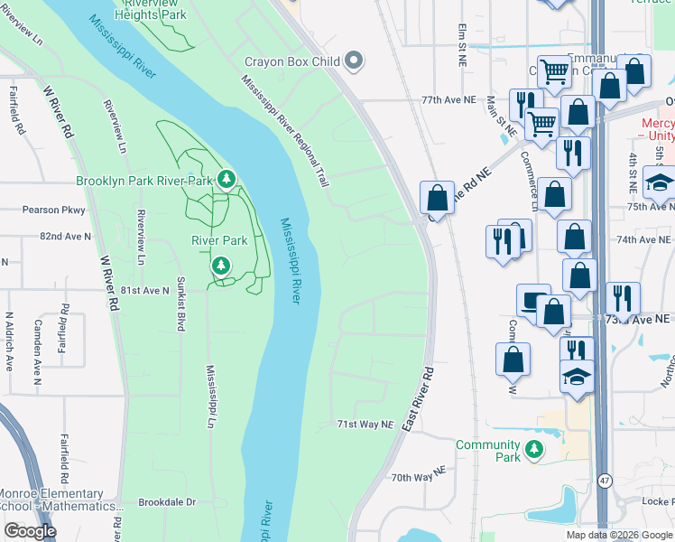 map of restaurants, bars, coffee shops, grocery stores, and more near 150 Talmadge Way Northeast in Fridley