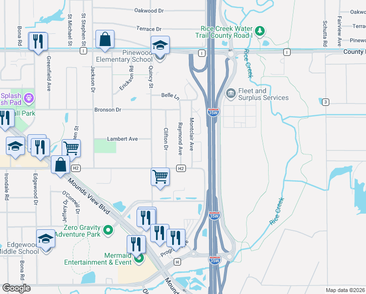 map of restaurants, bars, coffee shops, grocery stores, and more near 1013 Montclair Avenue in Mounds View