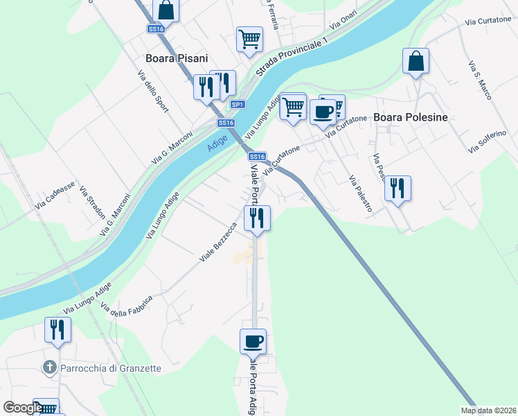 map of restaurants, bars, coffee shops, grocery stores, and more near 76 Viale Porta Adige in Boara Polesine