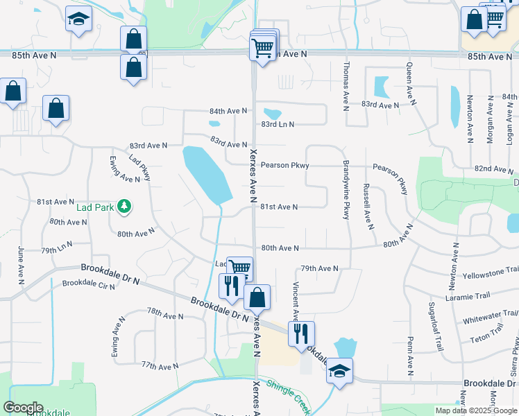 map of restaurants, bars, coffee shops, grocery stores, and more near 3029 81st Avenue North in Brooklyn Park