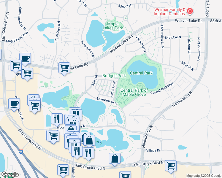 map of restaurants, bars, coffee shops, grocery stores, and more near 8052 Magnolia Lane North in Maple Grove