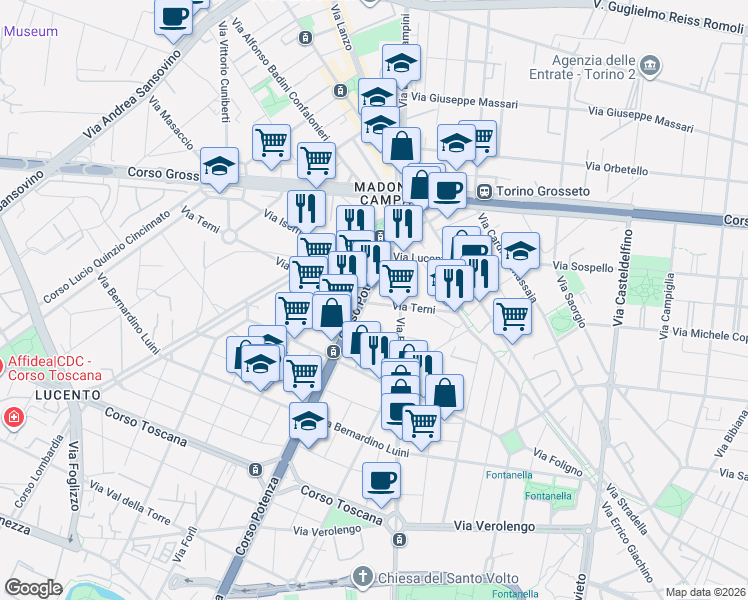 map of restaurants, bars, coffee shops, grocery stores, and more near 29 Via Terni in Torino