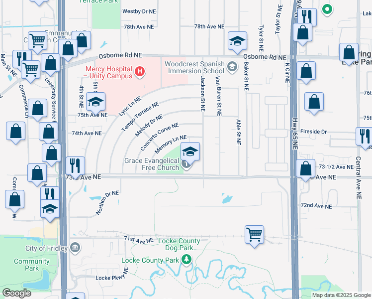 map of restaurants, bars, coffee shops, grocery stores, and more near 7385 Memory Lane Northeast in Fridley