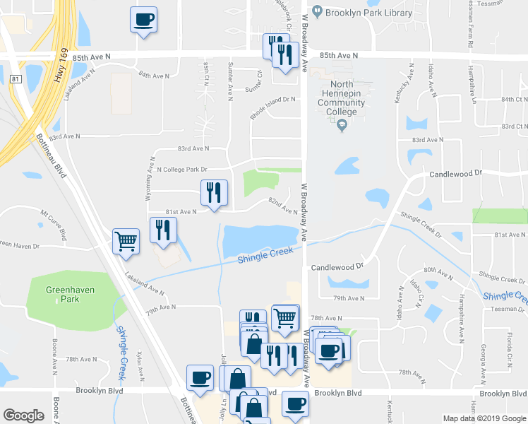 map of restaurants, bars, coffee shops, grocery stores, and more near 7625 82nd Avenue North in Minneapolis