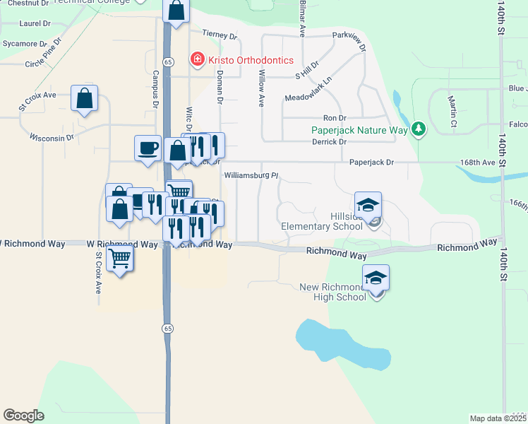 map of restaurants, bars, coffee shops, grocery stores, and more near 1630 Charleston Drive in New Richmond