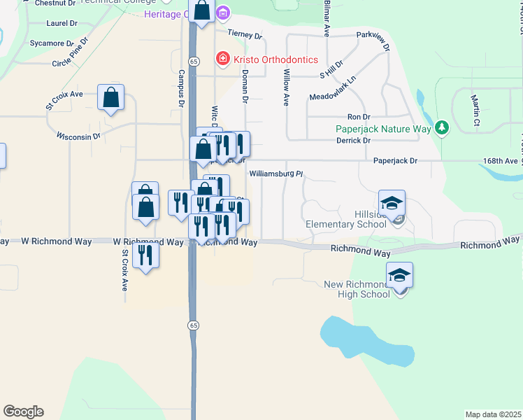 map of restaurants, bars, coffee shops, grocery stores, and more near 1627 Gunston Drive in New Richmond