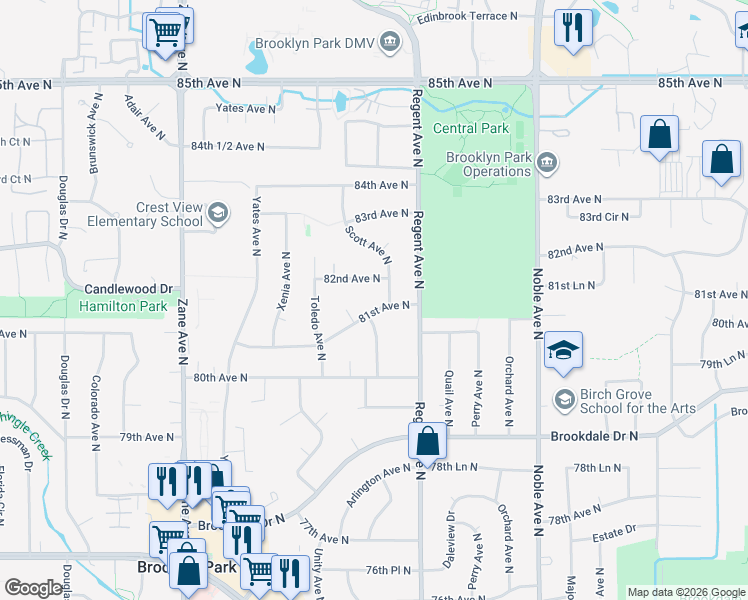 map of restaurants, bars, coffee shops, grocery stores, and more near 5216 81st Avenue North in Minneapolis