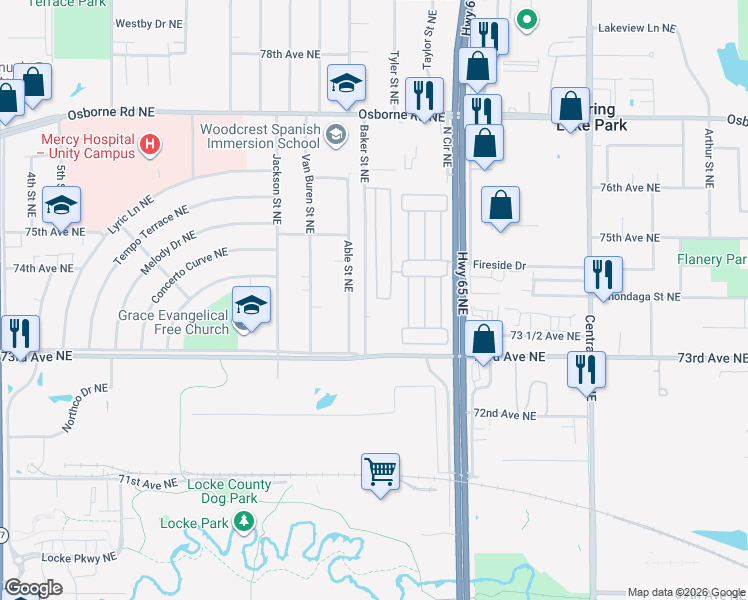 map of restaurants, bars, coffee shops, grocery stores, and more near 7332 West Circle Northeast in Minneapolis