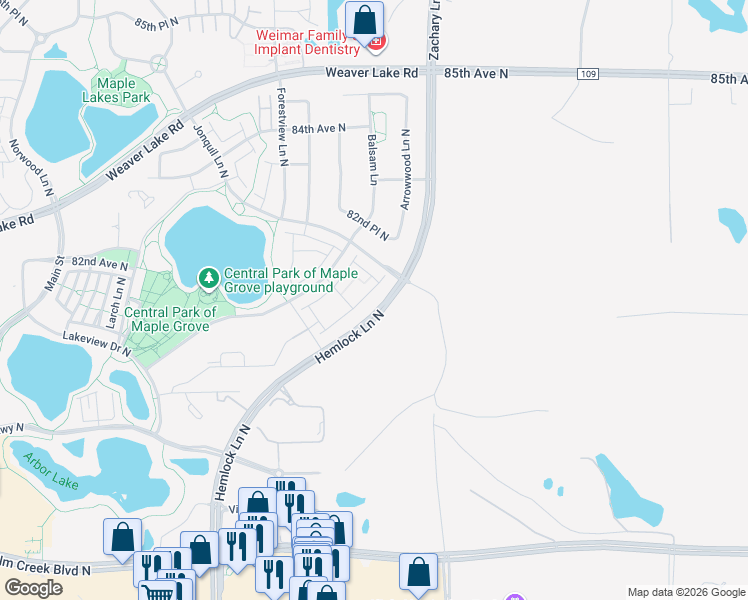 map of restaurants, bars, coffee shops, grocery stores, and more near 8148 Arrowwood Lane North in Maple Grove