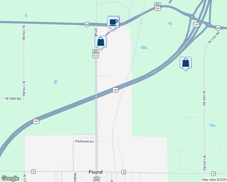 map of restaurants, bars, coffee shops, grocery stores, and more near U.S. 141 in Pound