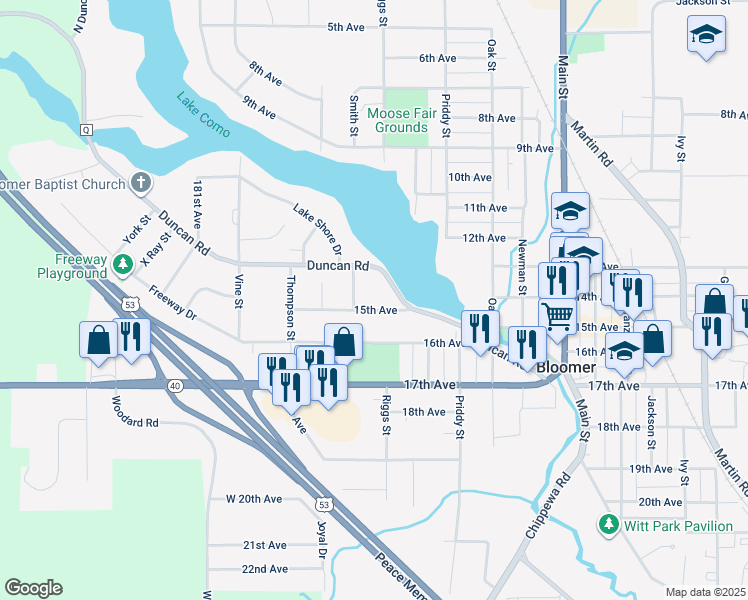 map of restaurants, bars, coffee shops, grocery stores, and more near 1821 15th Ave in Bloomer