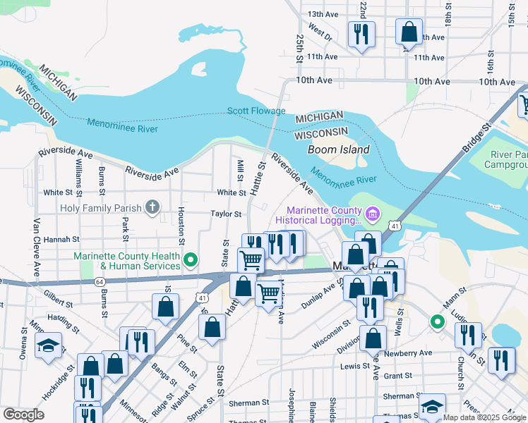 map of restaurants, bars, coffee shops, grocery stores, and more near 15 Cottage Row in Marinette