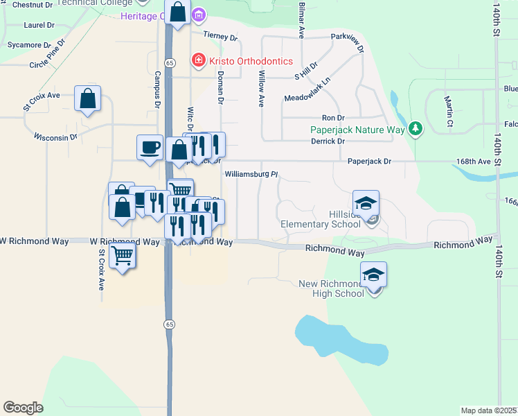 map of restaurants, bars, coffee shops, grocery stores, and more near 1630 Charleston Drive in New Richmond