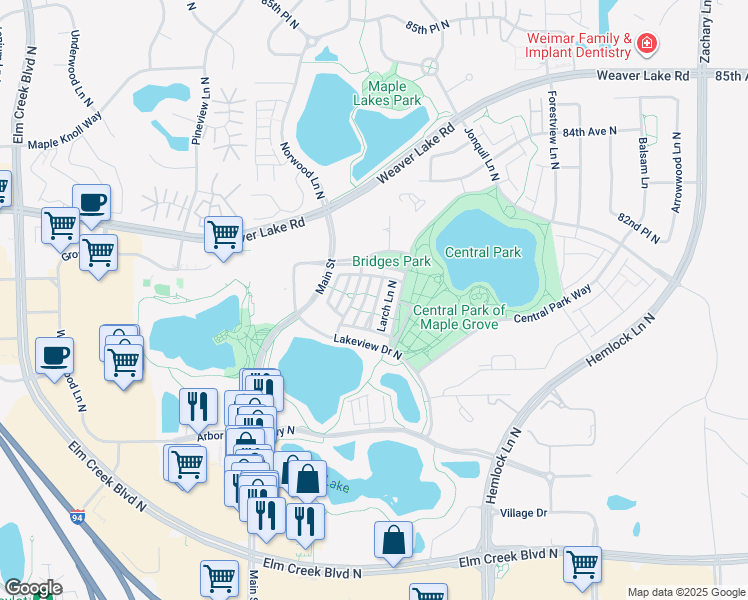map of restaurants, bars, coffee shops, grocery stores, and more near 8083 Magnolia Lane North in Maple Grove