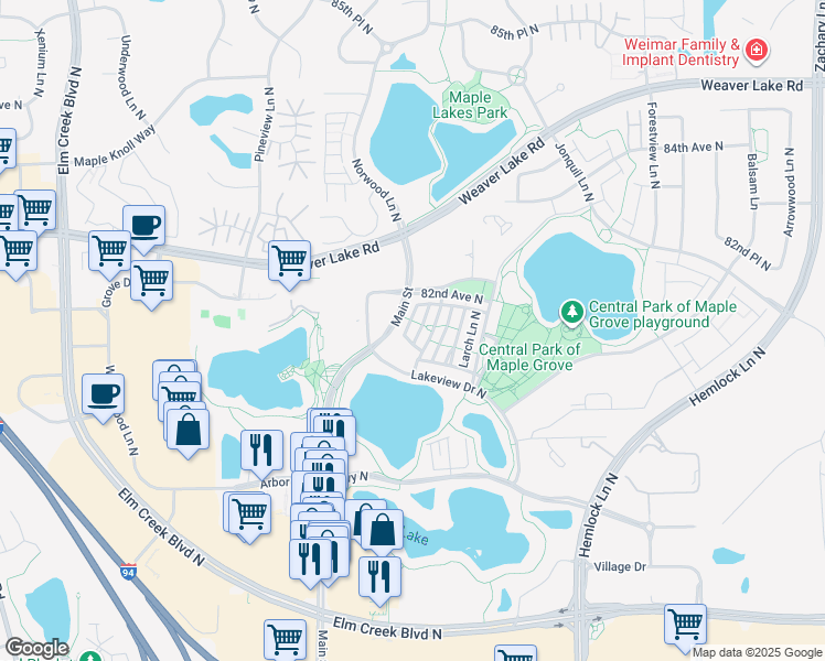 map of restaurants, bars, coffee shops, grocery stores, and more near 8113 Oakview Drive North in Maple Grove