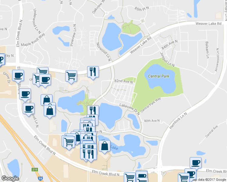 map of restaurants, bars, coffee shops, grocery stores, and more near 8104 Oakview Circle North in Osseo