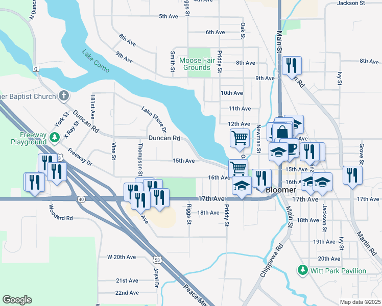 map of restaurants, bars, coffee shops, grocery stores, and more near 1821 15th Avenue in Bloomer