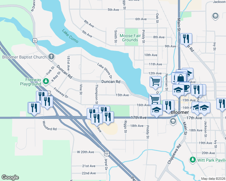 map of restaurants, bars, coffee shops, grocery stores, and more near 1429 Riggs Street in Bloomer