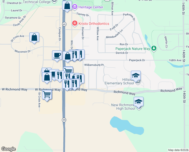 map of restaurants, bars, coffee shops, grocery stores, and more near 1630 Charleston Drive in New Richmond