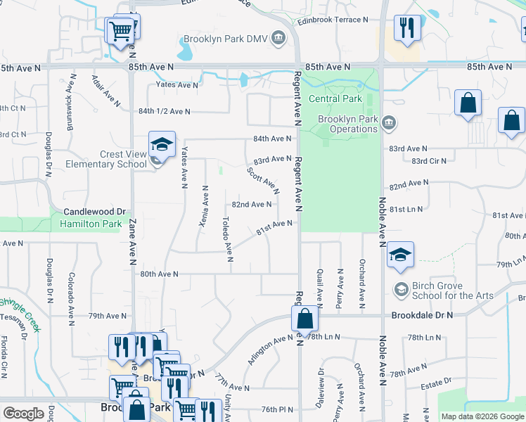 map of restaurants, bars, coffee shops, grocery stores, and more near 5216 81st Avenue North in Minneapolis