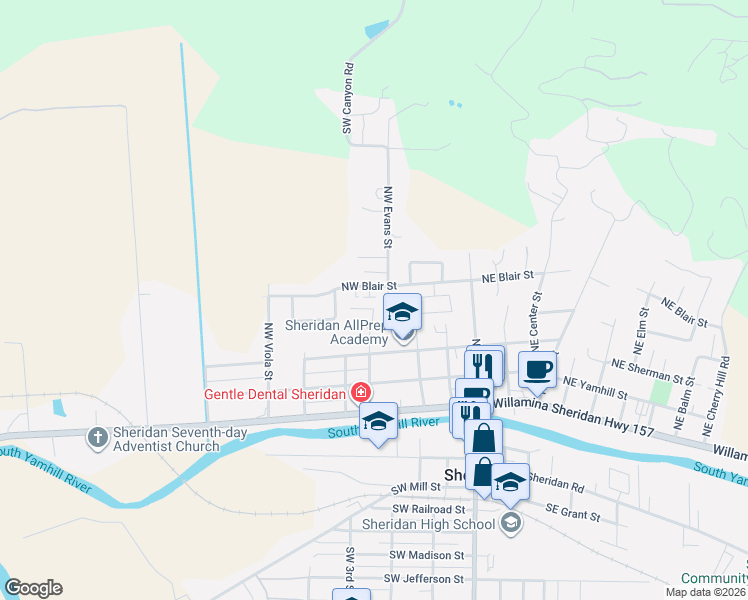 map of restaurants, bars, coffee shops, grocery stores, and more near 411 Northwest Evans Street in Sheridan