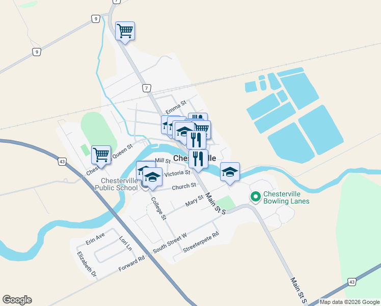 map of restaurants, bars, coffee shops, grocery stores, and more near 7 Stormont, Dundas and Glengarry County Road 7 in Chesterville