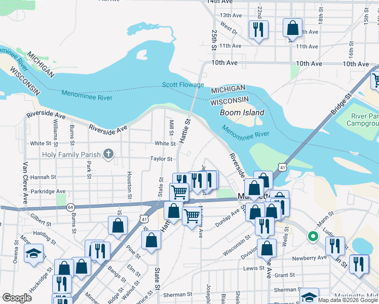 map of restaurants, bars, coffee shops, grocery stores, and more near 15 Cottage Row in Marinette