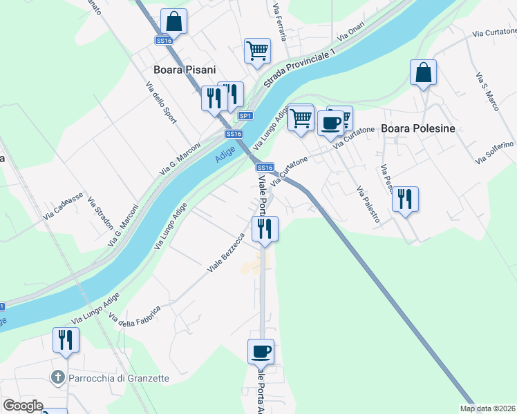 map of restaurants, bars, coffee shops, grocery stores, and more near 76 Viale Porta Adige in Boara Polesine