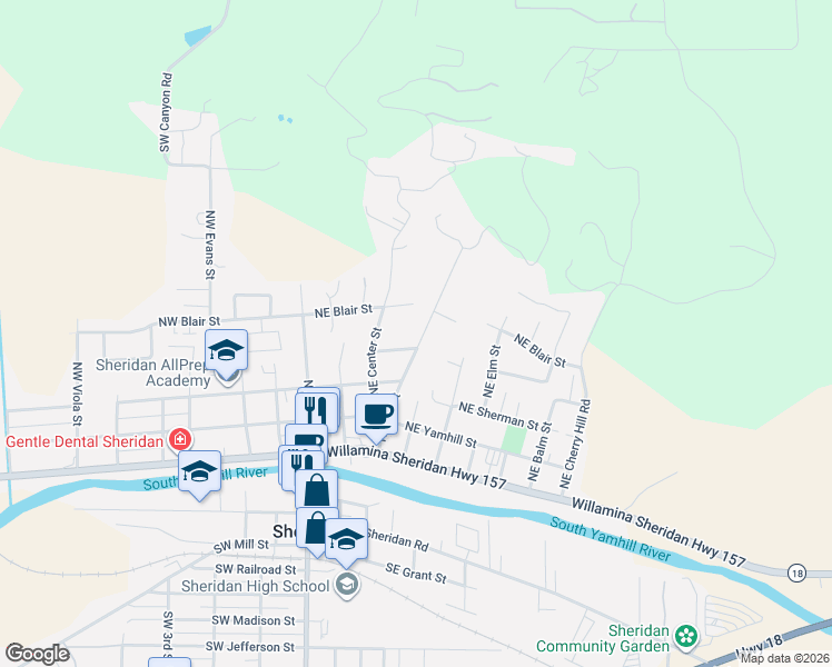 map of restaurants, bars, coffee shops, grocery stores, and more near 426 Northeast Hill Street in Sheridan
