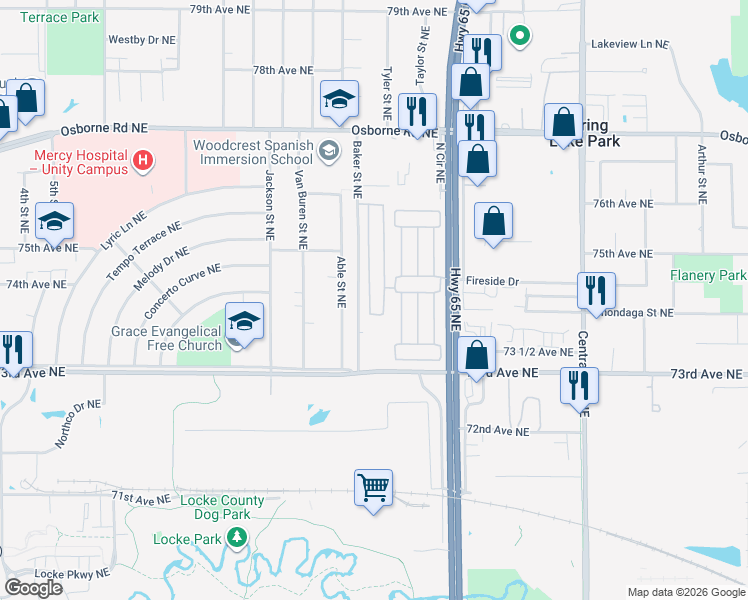 map of restaurants, bars, coffee shops, grocery stores, and more near 7332 West Circle Northeast in Minneapolis