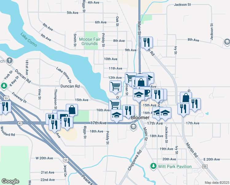 map of restaurants, bars, coffee shops, grocery stores, and more near 1407 Oak Street in Bloomer