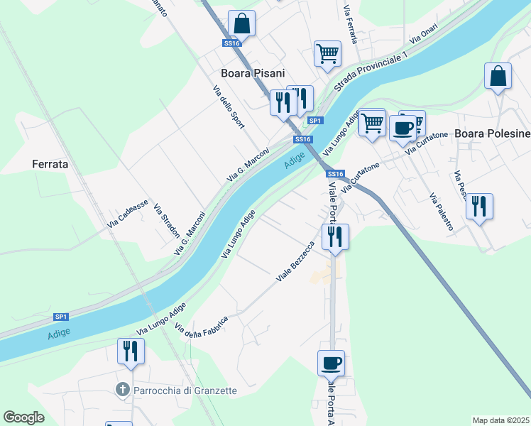 map of restaurants, bars, coffee shops, grocery stores, and more near 41 Via Lungo Adige in Rovigo