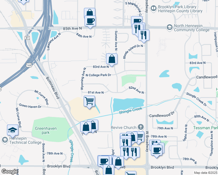 map of restaurants, bars, coffee shops, grocery stores, and more near 7901 81st Avenue North in Minneapolis