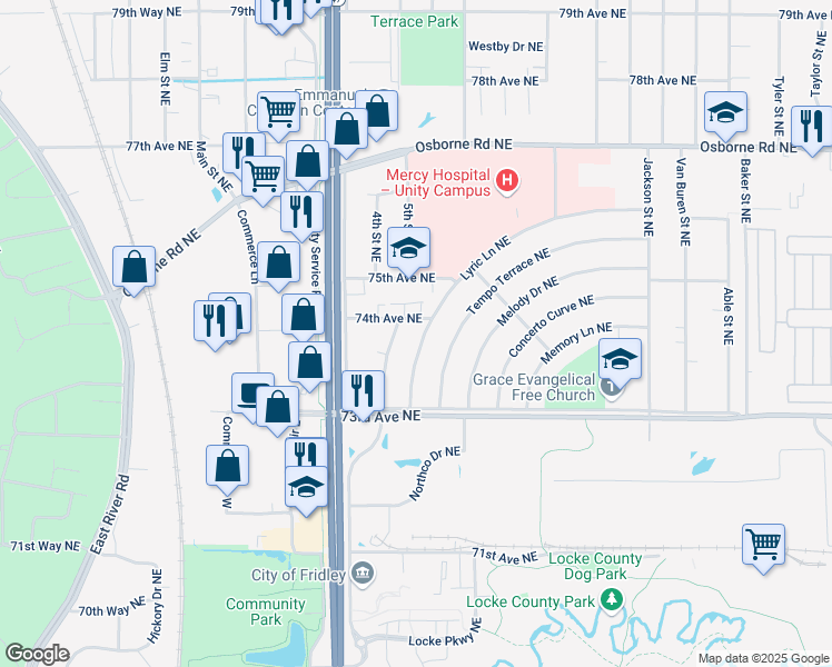 map of restaurants, bars, coffee shops, grocery stores, and more near 389 74th Avenue Northeast in Fridley