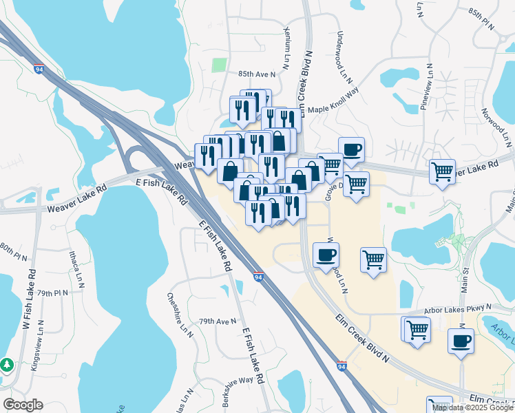 map of restaurants, bars, coffee shops, grocery stores, and more near 13701 Grove Drive in Maple Grove